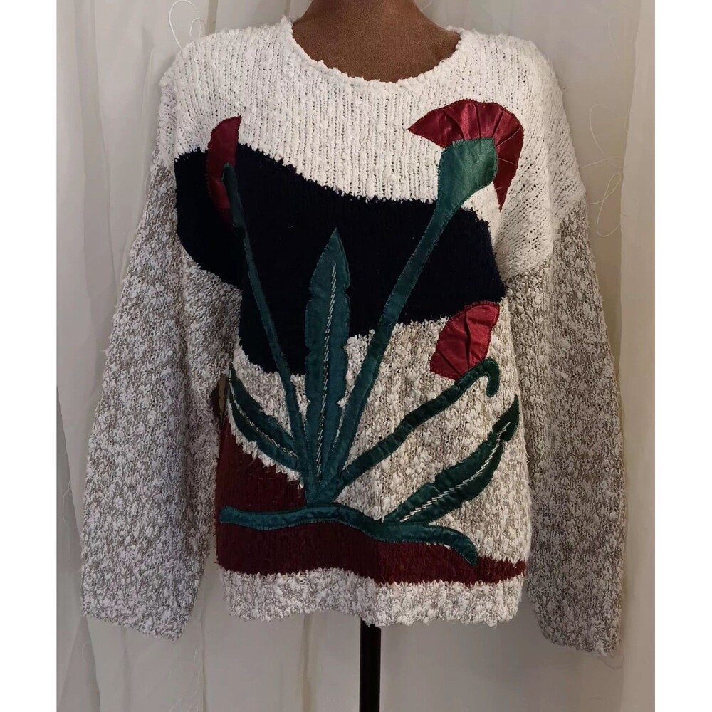Vtg 80s 90s Rare Chunky Floral Art Sweater Sz Med Granola Eclectic Artsy Cottage